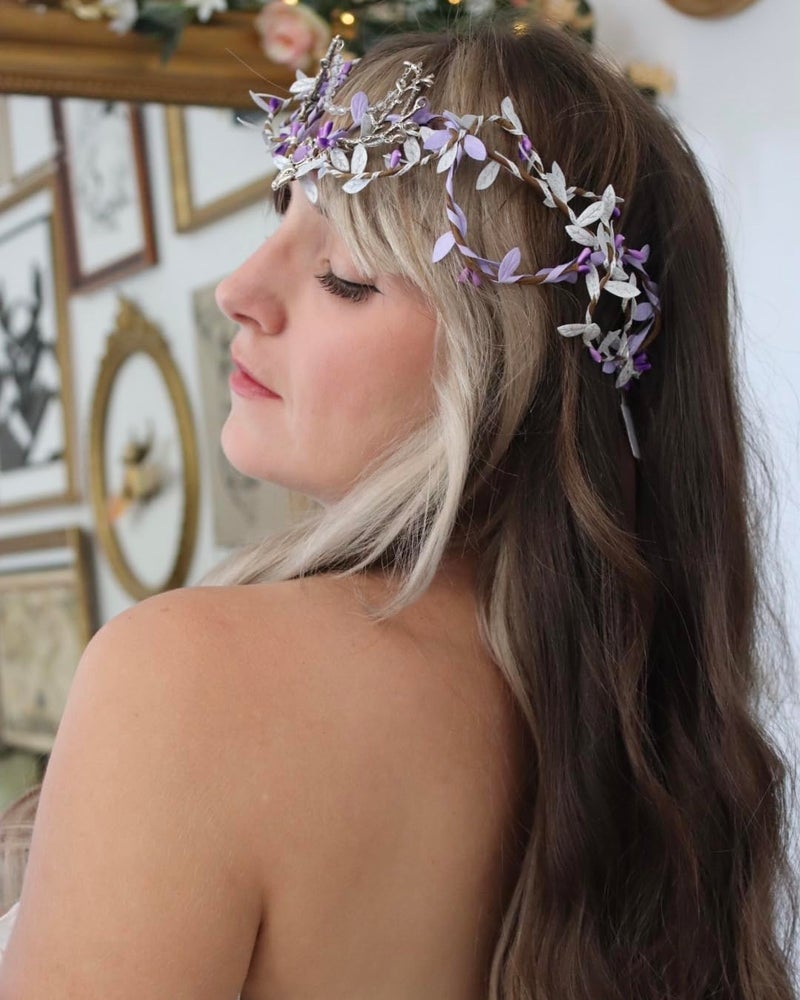 MOSTORY Handmade Purple Woodland Fairy Headpiece - Elf Crown Forest Antler Circlet Silver Branch Wreath with Rhinestone for Princess Party Renaissance Faire Halloween Prom Cosplay - Image 3